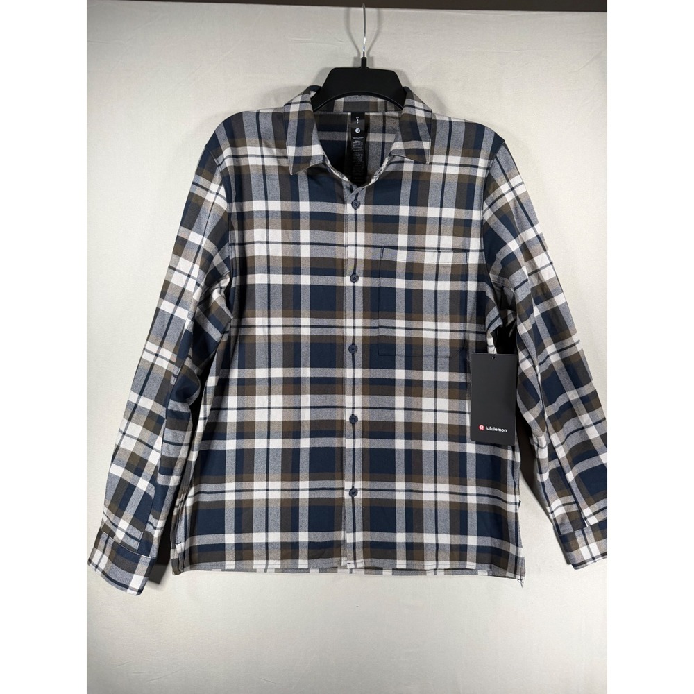 Lululemon Mens Brushed Woven Overshirt Plaid Blue Brown LM3FSFS NWT Size S